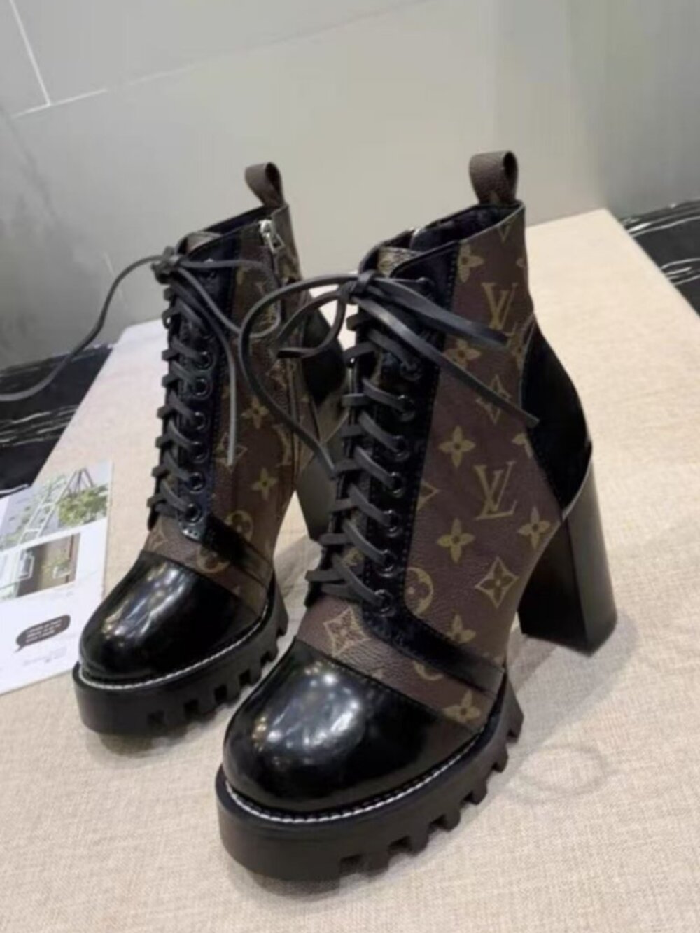 Louis Vuitton Star Trail Monogram Patent‑Toe Block‑Heel Ankle Boots